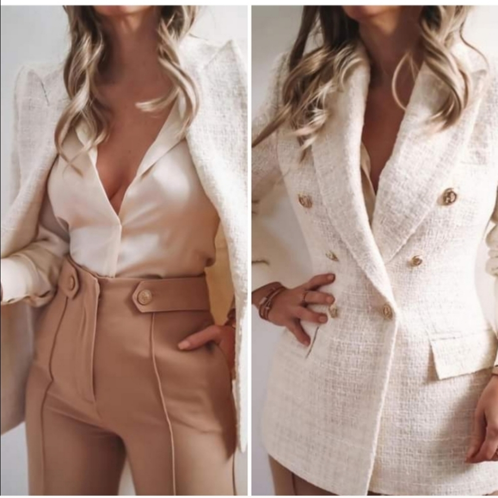 ZARA Tweed Textured Double Breasted Blazer gold buttons size S - Picture 15 of 16